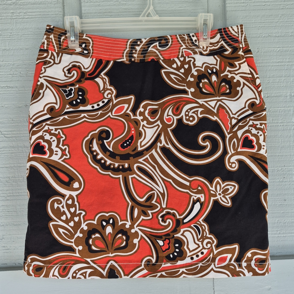 Merona Orange, Brown, & Black Paisley Mini Skirt, Lined 12 60's Vibe Retro Boho